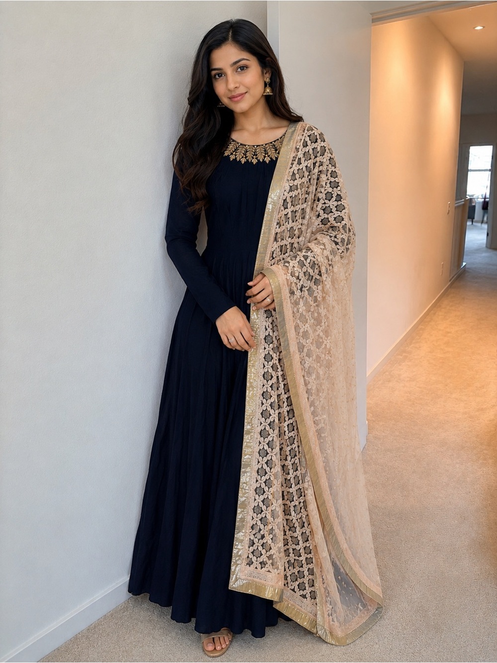 Elegant Navy Anarkali Dress with Gold Embroidered Neckline and Beige Dupatta